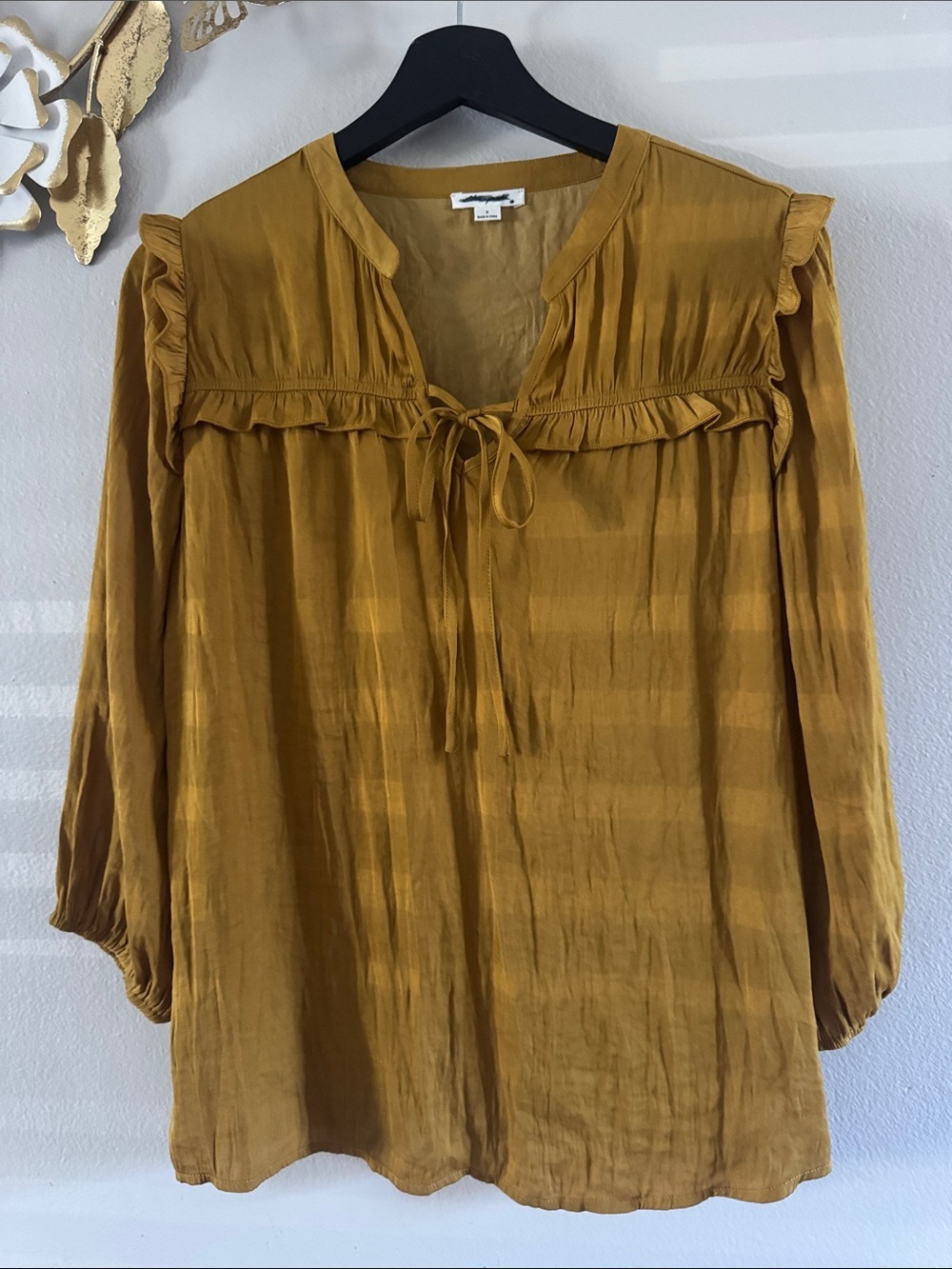 Ultra Pink Mustard Ruffle Yoke Tie-Front Tunic